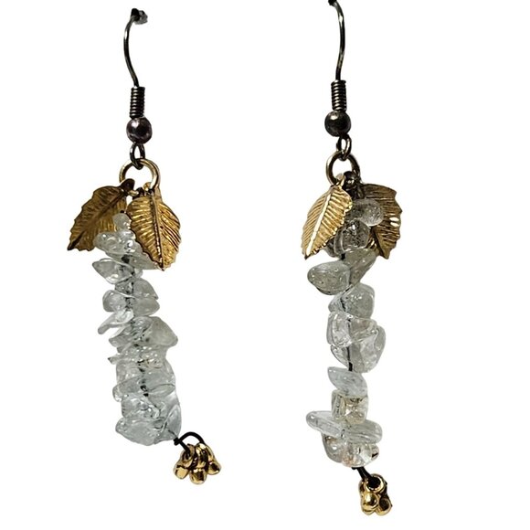 Elegant Handcrafted Quartz Chip Gold Tone Leaf Dangle Earrings Boho Jewelry - Picture 1 of 4